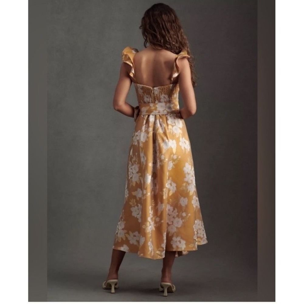 $525 Anthropologie V. Chapman Vera Ruffle Corset Slit Gold Dress Floral  10 Midi - Picture 12 of 15